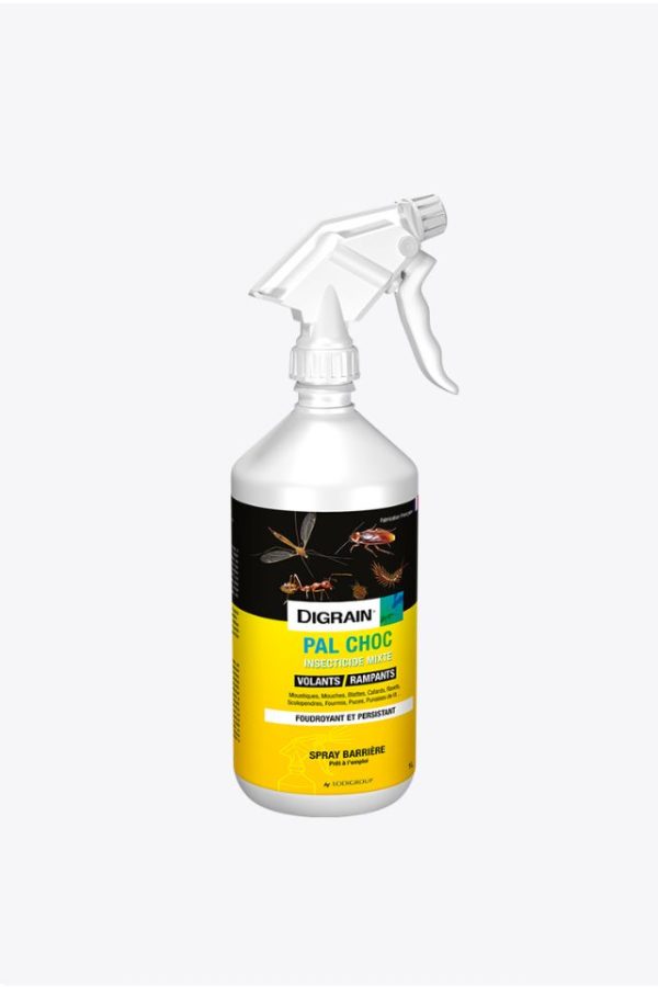 Digrain Pal Choc laque insecticide efficace contre les insectes volants tels que les moustiques et les cafards, ainsi que contre les insectes rampants comme les punaises de lit et les scolopendres.